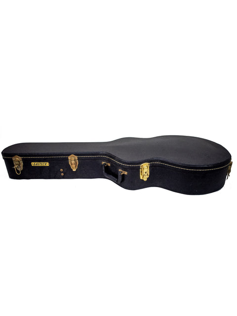black guitar case featuring gold hardware, designed for the Gretsch Chet Atkins G6120 from Japan, 2011.