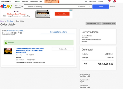 eBay screenshot displaying a Fender '60s Strat Partscaster, Olympic White, featuring Custom Shop parts from the USA, 2020.