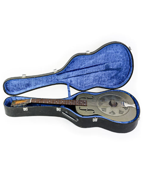 1936 National Duolian Resonator guitar displayed in a case, featuring a simple white background.