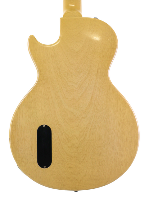 1956 Vintage Gibson Les Paul Jr guitar, with a wooden body and black pickguard, finished in TV Yellow.