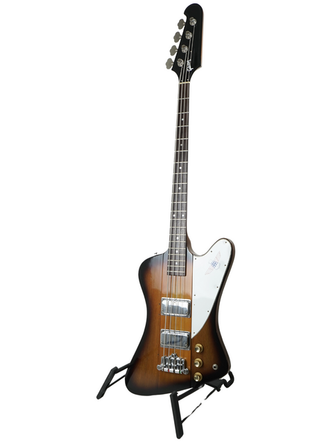 1976 Gibson Bicentennial Thunderbird IV Bass guitar elegantly positioned on a stand against a white background.