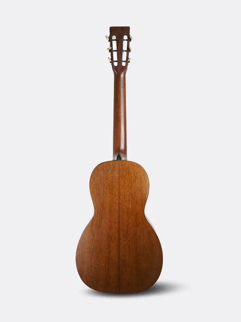 Back view of a wooden  Martin 2-17 guitar on a white background