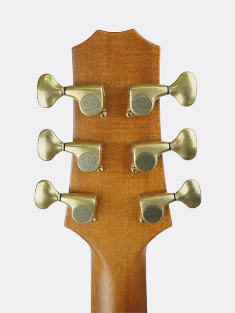 Close-up of a R. Taylor Style 1 headstock with tuning pegs on a white background