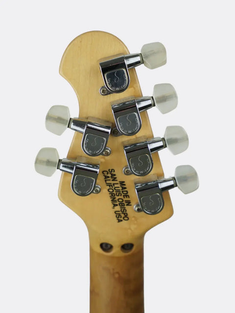 1992 Ernie Ball Music Man EVH Signature headstock with tuning pegs on a white background