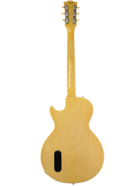 A 1956 Vintage Gibson Les Paul Jr guitar in TV Yellow, elegantly displayed on a white background.