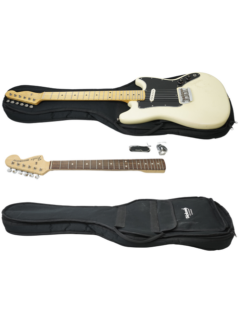 A 1978 Fender Musicmaster guitar in a case, accompanied by a strap for easy carrying.