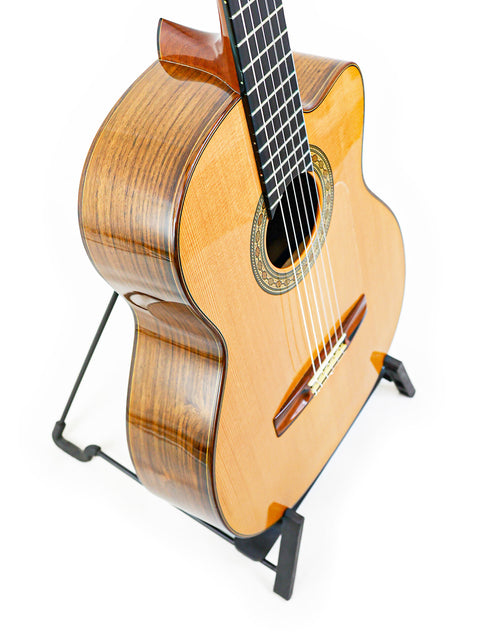 A 2002 Robin Moyes Custom guitar from Australia, prominently featured on a stand with a smooth white background.