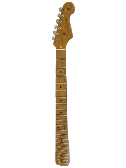A 2019 Fender Custom Shop guitar with a wooden body and a roasted maple neck, exemplifying quality and design.