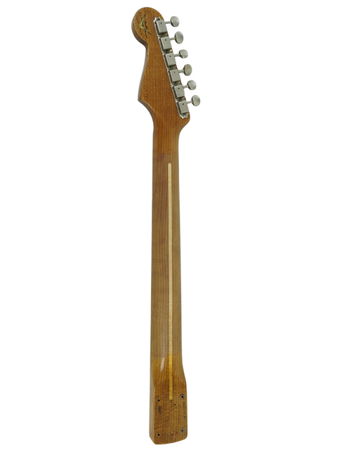 A Fender Custom Shop guitar with a wooden body and roasted maple neck, crafted in the USA in 2019.