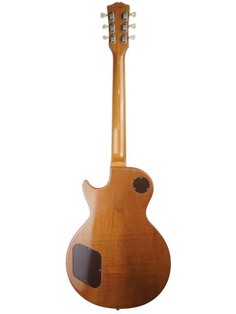 A Gibson Custom Historic VOS LPR-6 1956 Reissue Gold Top guitar with a wooden body and neck, showcasing its classic design.