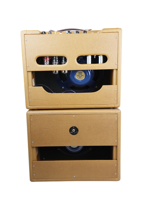  A Lazy J J-20 guitar amplifier with Extension Cabinet and Reverb Module, stacked with another amp, highlighting modern aesthetics.