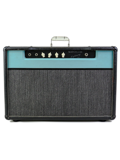 A Matchless Lightning 15 Combo amplifier from 1997, designed for Fender Stratocaster guitars, showcasing its vintage appeal.