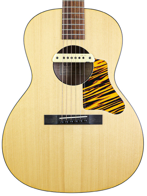 A Waterloo WL-14 X Scissortail guitar featuring a striking black and yellow stripe on its back.
