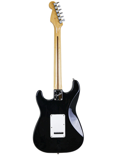 A black 1991 Fender Strat Plus electric guitar, equipped with a white pickup, representing iconic craftsmanship.
