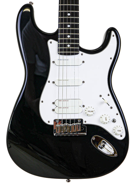 A black Fender Strat Plus Ultra electric guitar with a white pickguard, model year 1993, showcasing its sleek design.
