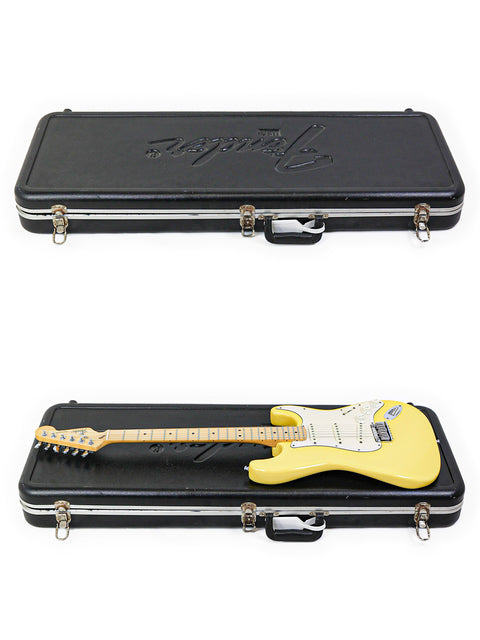 A black guitar case with a Fender logo on top; bottom has case open with a yellow Fender guitar inside.