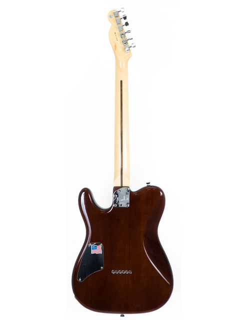 A brown electric guitar with a maple neck on a white background.