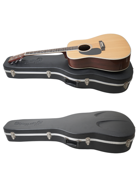 A case containing two guitars, one being a 2009 Martin D-35 Left-Handed, set against a plain white backdrop.
