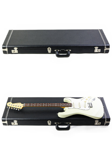 A case containing two guitars, one being a Fender Custom Shop Jeff Beck Signature Stratocaster, set on a white background.