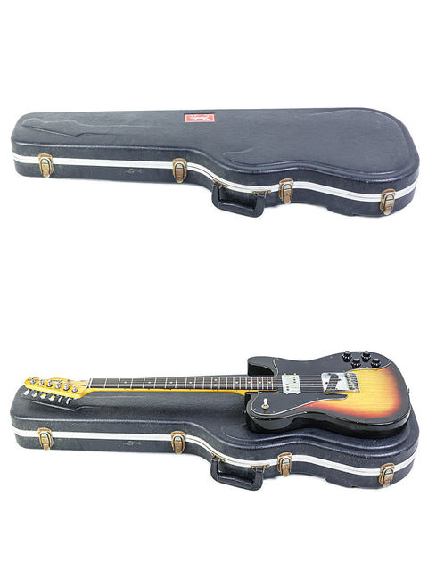 A case containing two guitars with a sunburst finish, including a 1977 USA Fender Telecaster Custom.