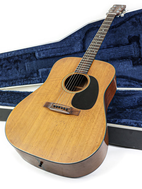A classic 1974 Martin D-18 guitar lying in a blue case, reflecting its timeless style and rich musical heritage.