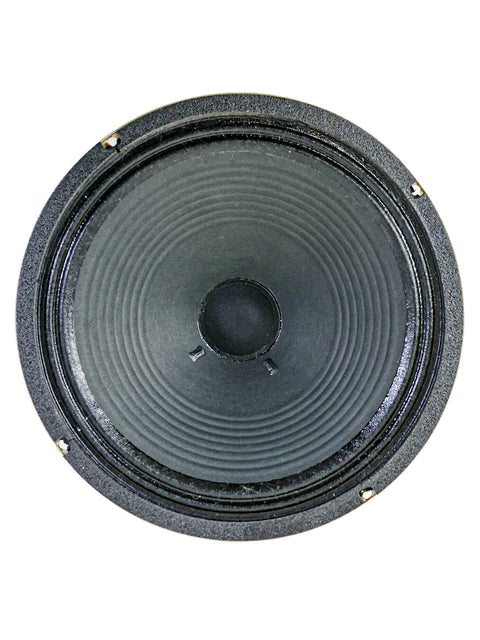 A close-up of a black speaker cone with a central dust cap and four mounting screws.