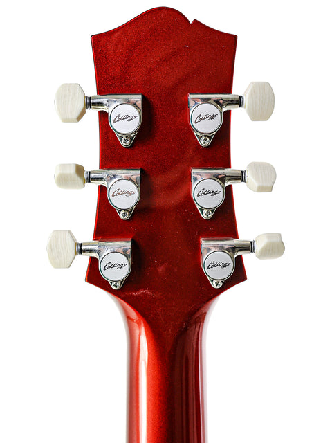 A close-up of a red guitar headstock featuring four knobs, showcasing the Collings CL Deluxe from the USA, 2019 model.
