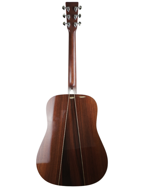 A close-up of the back of a 2009 Martin D-35 Left-Handed acoustic guitar, featuring rich wood grain details.