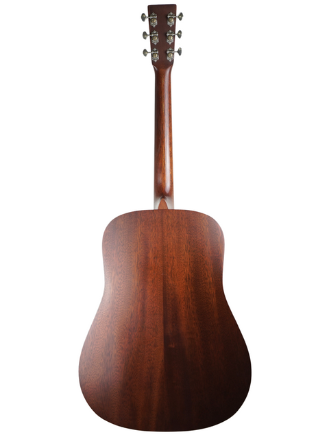 A close-up of the back of a Martin D-15M acoustic guitar, made in the USA in 2014, featuring beautiful wood textures.