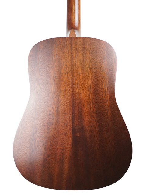 A close-up of the back of a Martin D-15M acoustic guitar, made in the USA in 2014, featuring elegant wood details.