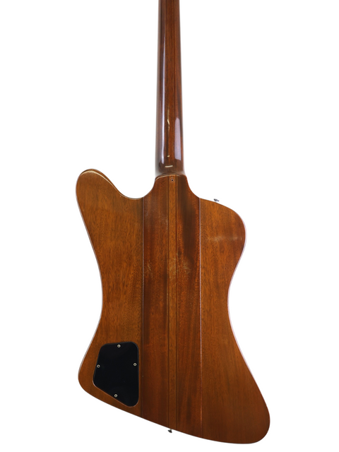A close-up of the back of a vintage 1976 Gibson Thunderbird IV Bass, featuring a stunning wooden body.