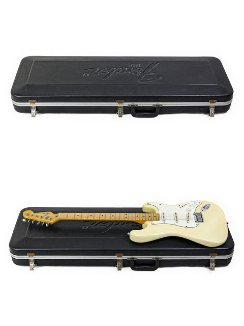 A closed guitar case on top, and the same case open with a cream-colored electric guitar inside below.
