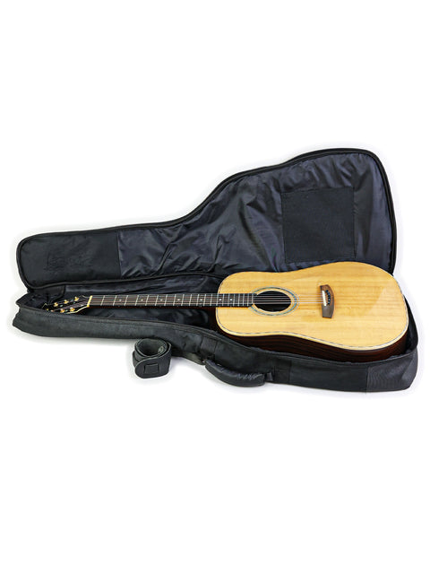 A guitar case slightly open, revealing a guitar inside, labeled 'Jim Williams WD-40 - Australia 2005'.
