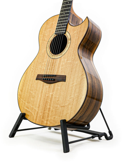 A guitar resting on a stand, set against a white background, marked as Gary Rizzolo SJ Custom, Australia, 2013.

