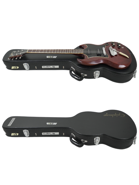 A pair of black guitar cases, featuring a vintage 1967 Gibson SG Special, arranged side by side.
