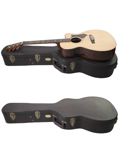 A pair of guitars, including a 2011 Martin OMC-PA1, displayed in their cases on a bright white backdrop.