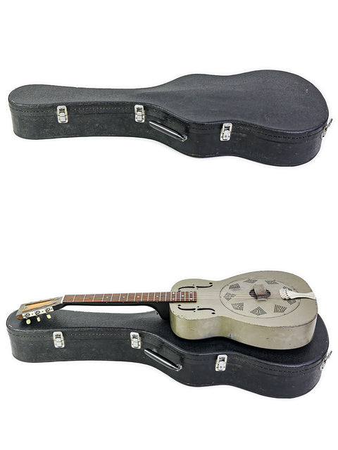 A pair of vintage guitars, including a 1936 National Duolian Resonator, resting in a case on a white backdrop.
