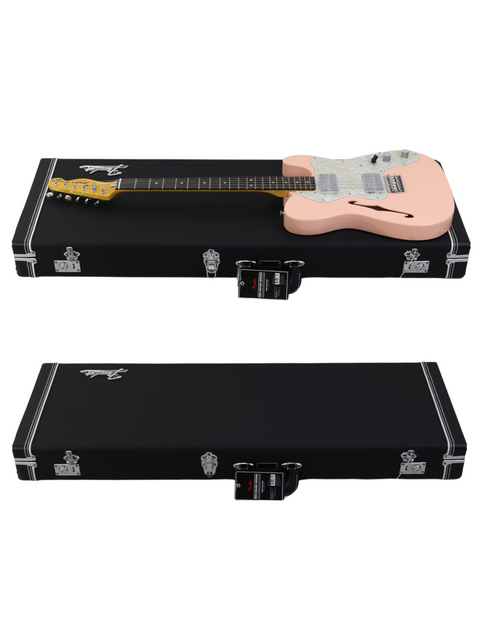A pink electric guitar on an open case above an image of the closed case.