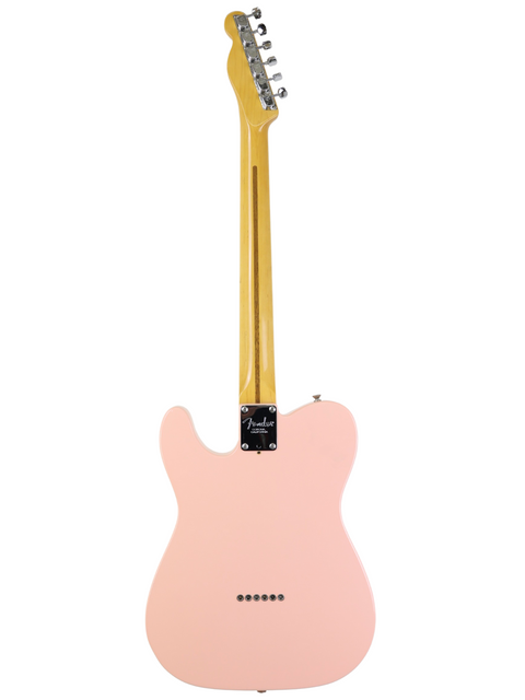 A pink electric guitar with a yellow neck and headstock, viewed from the back.