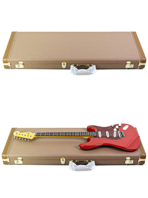 A red and white Fender Custom Shop 1961 Stratocaster Hardtail guitar nestled in a sleek guitar case.