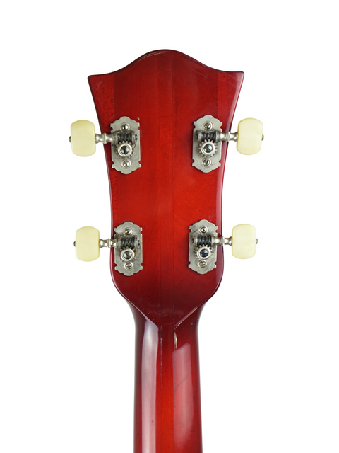 A red guitar headstock from a 1961 Hofner Verithin Bass, equipped with four knobs, highlighting its vintage appeal.