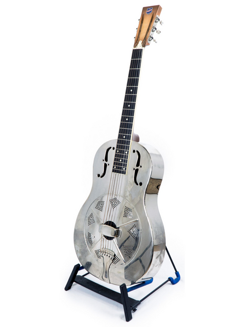 A shiny silver National Resophonic Style N Resonator guitar displayed on a stand, set against a bright white backdrop.
