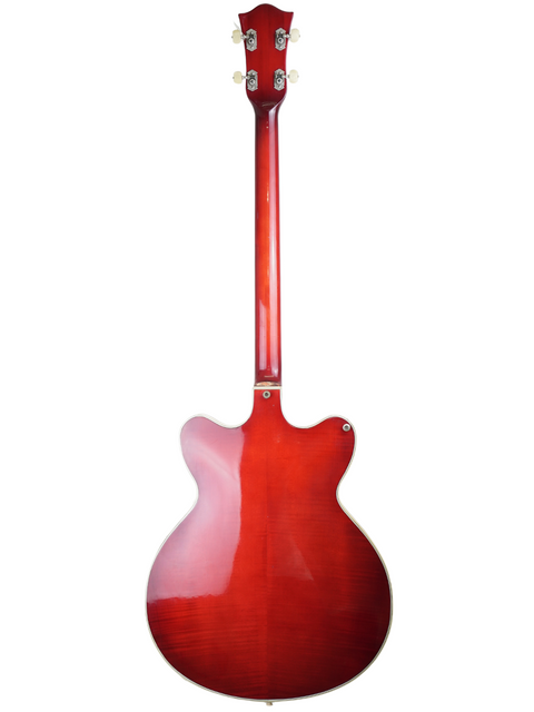 A striking red Hofner Verithin Bass guitar from 1961, displayed on a white background, highlighting its vintage appeal.