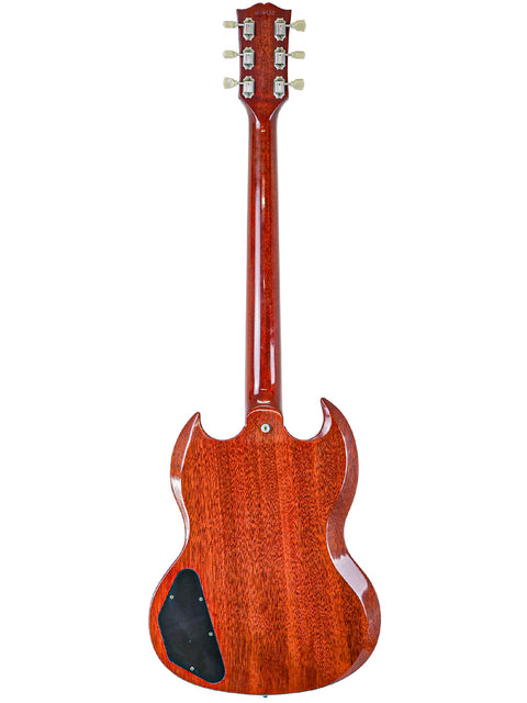 A striking red guitar featuring a black pickguard, identified as a Gibson Custom Les Paul SG Standard from 2007.