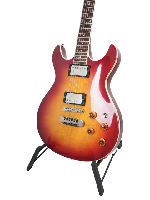 A stunning sunburst Fender Esprit guitar from 1984, proudly standing on a display stand, highlighting its vintage appeal.