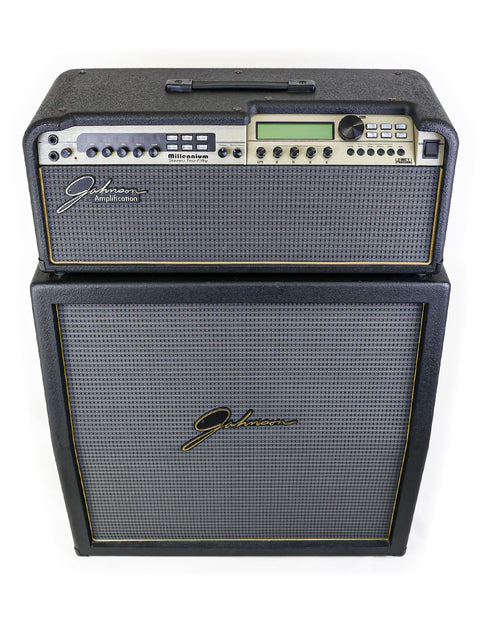 A stylish black and gold guitar amplifier, the Johnson Millennium Stereo 250, set against a pristine white backdrop.