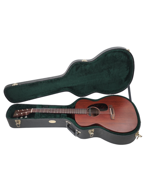 A stylish green guitar case with a wooden body, highlighting the Martin 000-15M from the USA, produced in 2016.