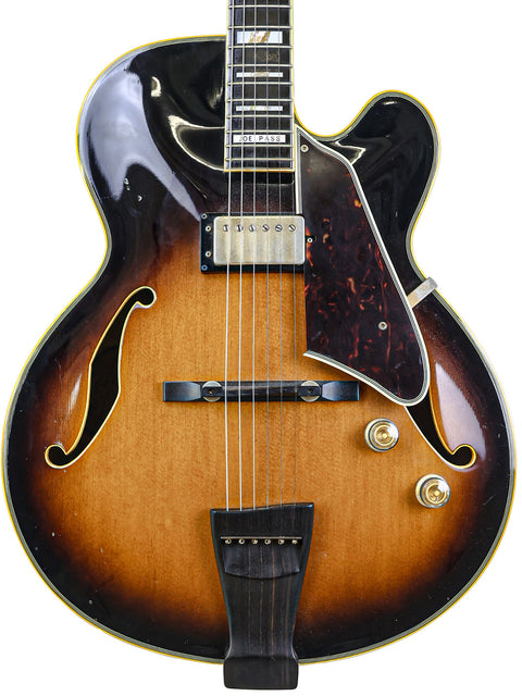 A sunburst Gibson guitar, showcasing its vibrant finish, alongside an Ibanez JP20 Joe Pass Signature from Japan, 1982.