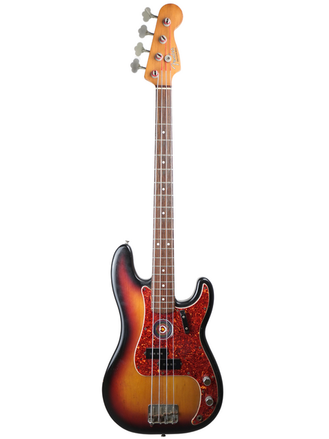 A sunburst electric bass guitar with four strings against a white background.