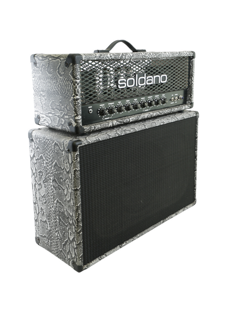 A unique snake-print guitar amp, the Soldano Hot Rod 100 Plus Head & Custom EB Cabinet from 2006, stands out in style.
